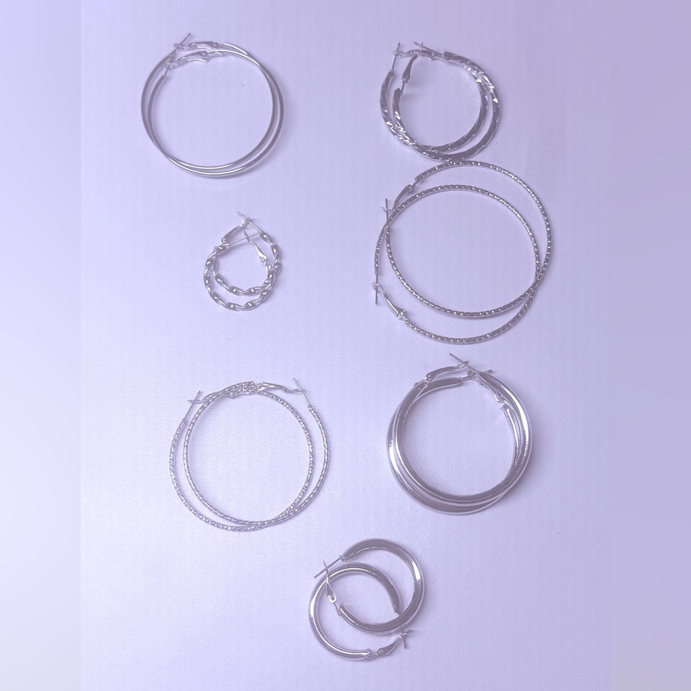 Elegant Silver Hoop Earrings Set 7 Pairs New